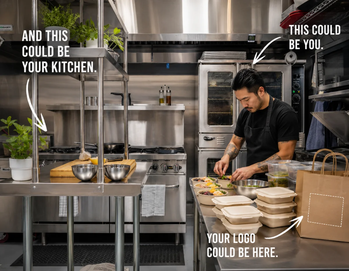 A cook plating bowls in a stainless commercial kitchen, annotated: this could be you, and this could be your kitchen, your logo could be here